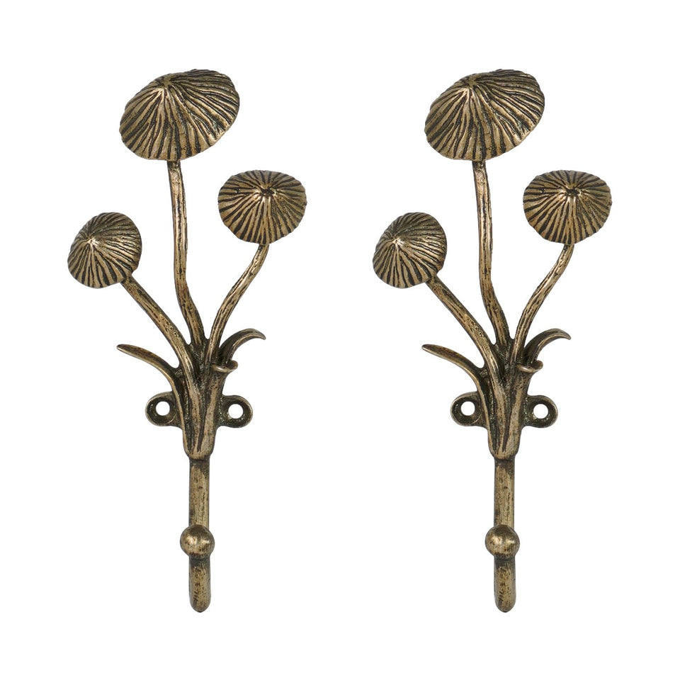 SOFFEE DESIGN 2pc metal gold coat hooks with 3D mushroom wall decor for entryway organization