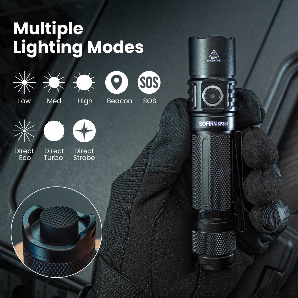 Sofirn SP35T rugged aluminum body in hard-anodized finish.
