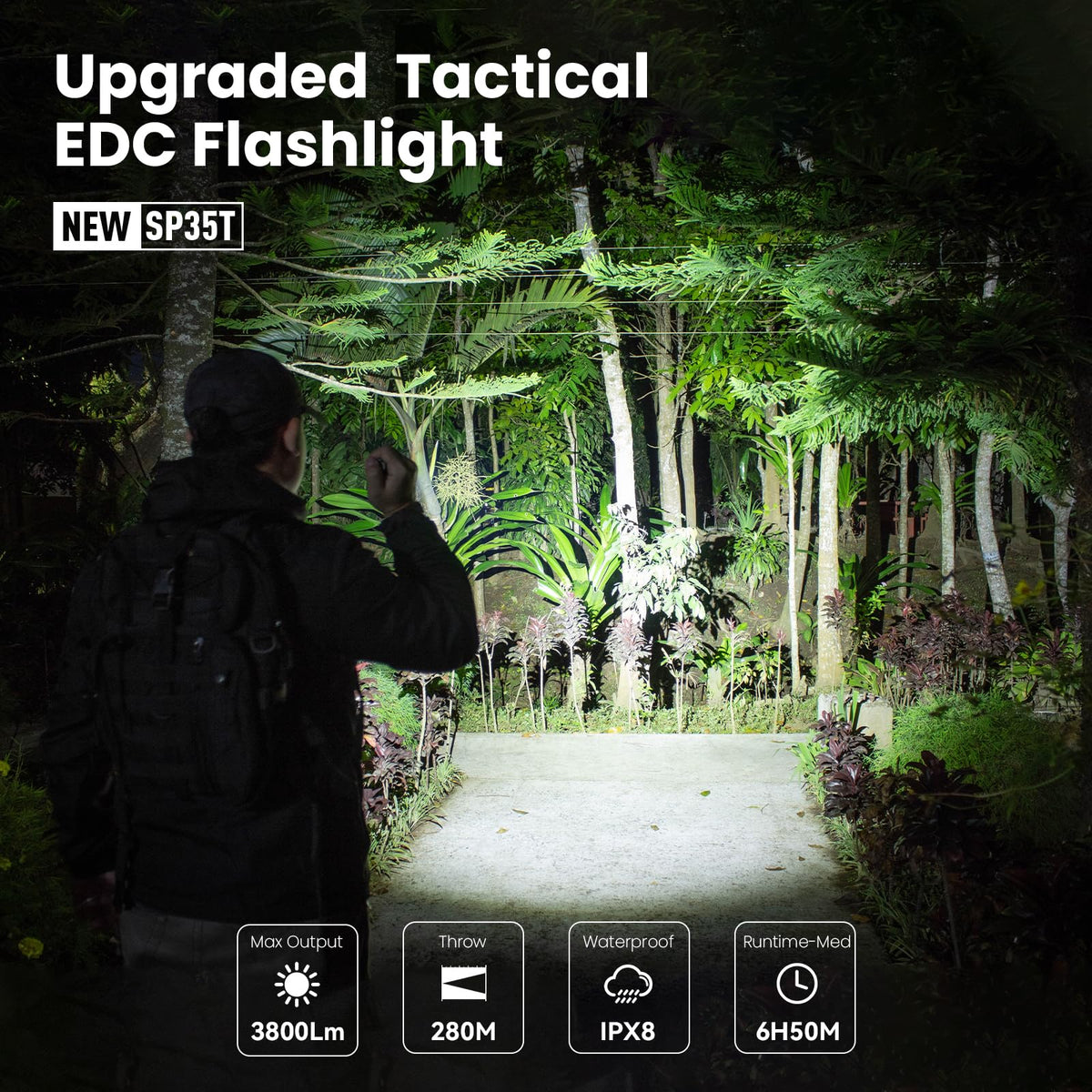Sofirn SP35T beam distance shows 280m reach for outdoor visibility.