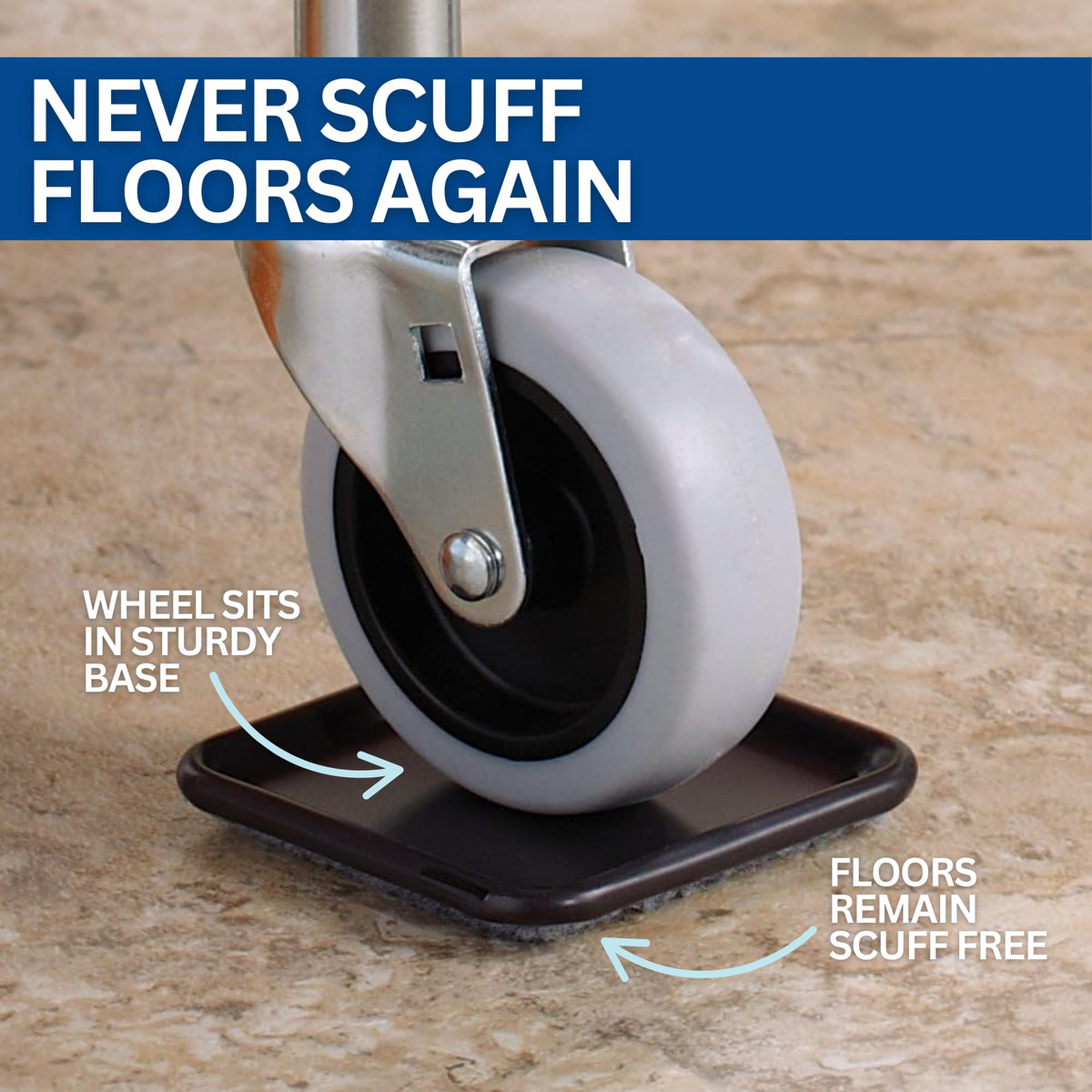 SoftTouch square caster cups protect hardwood floors from scratches and dents.