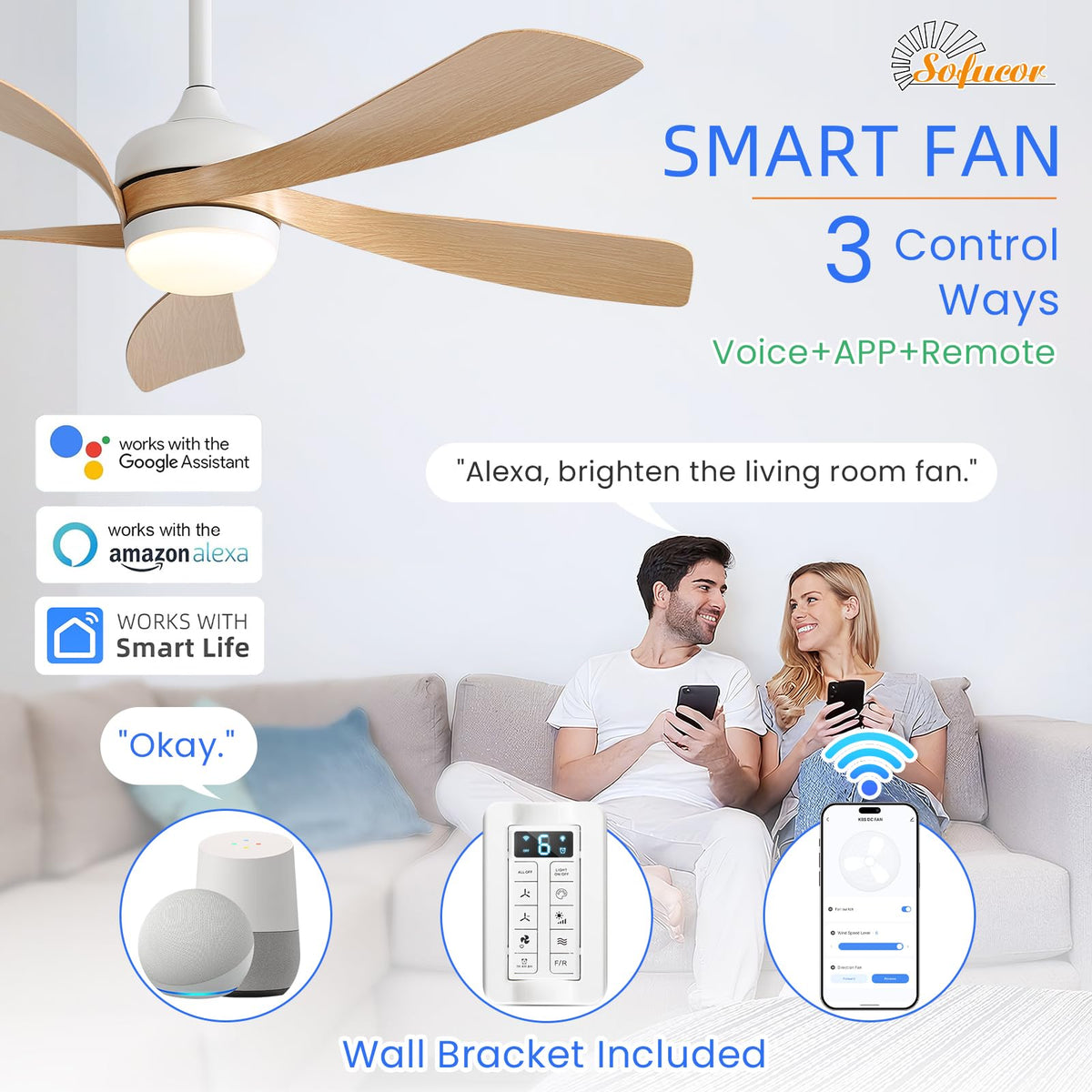 Sofucor smart ceiling fan works with Alexa and Google for hands-free control.