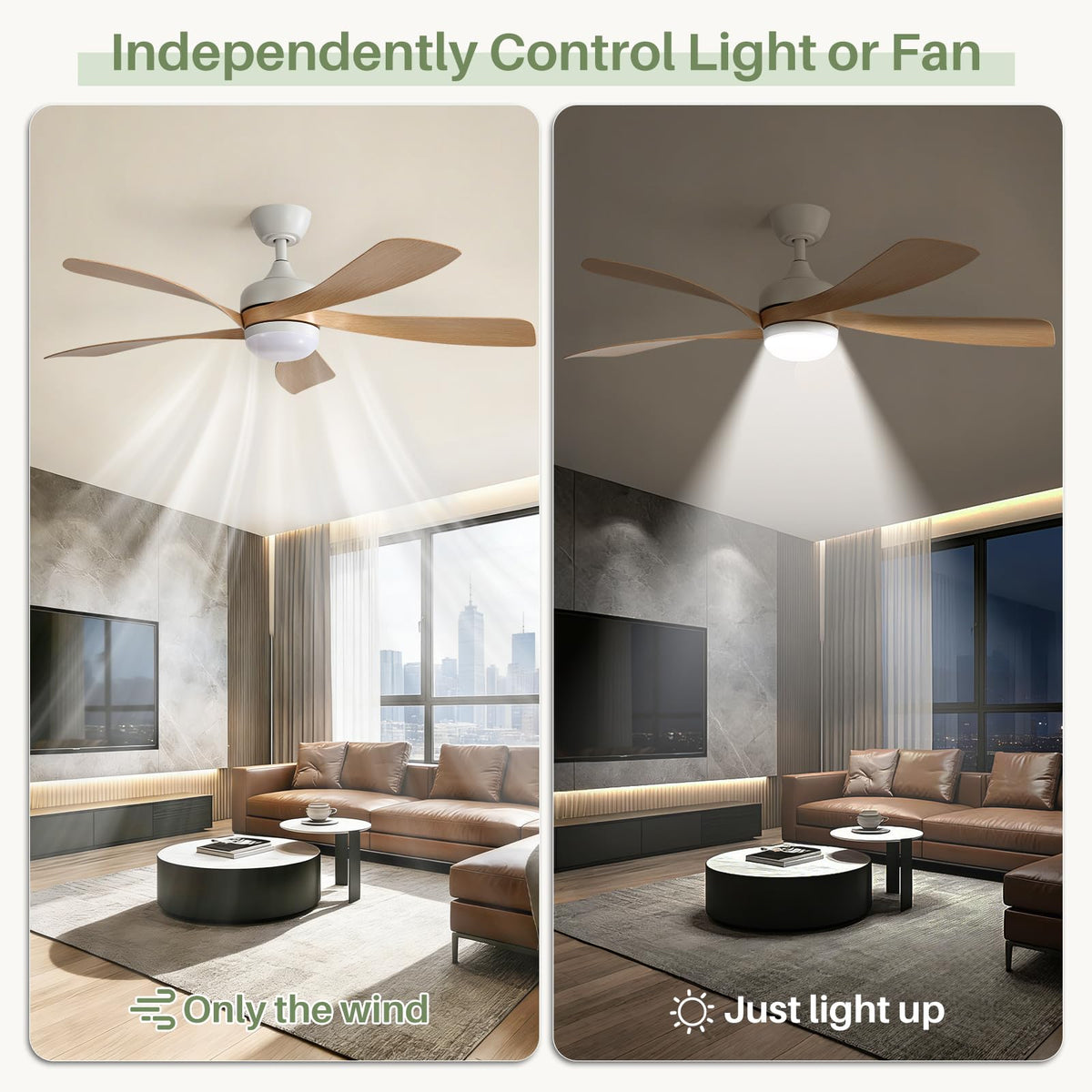 Sofucor ceiling fan offers three light colors and dimming for ambience.