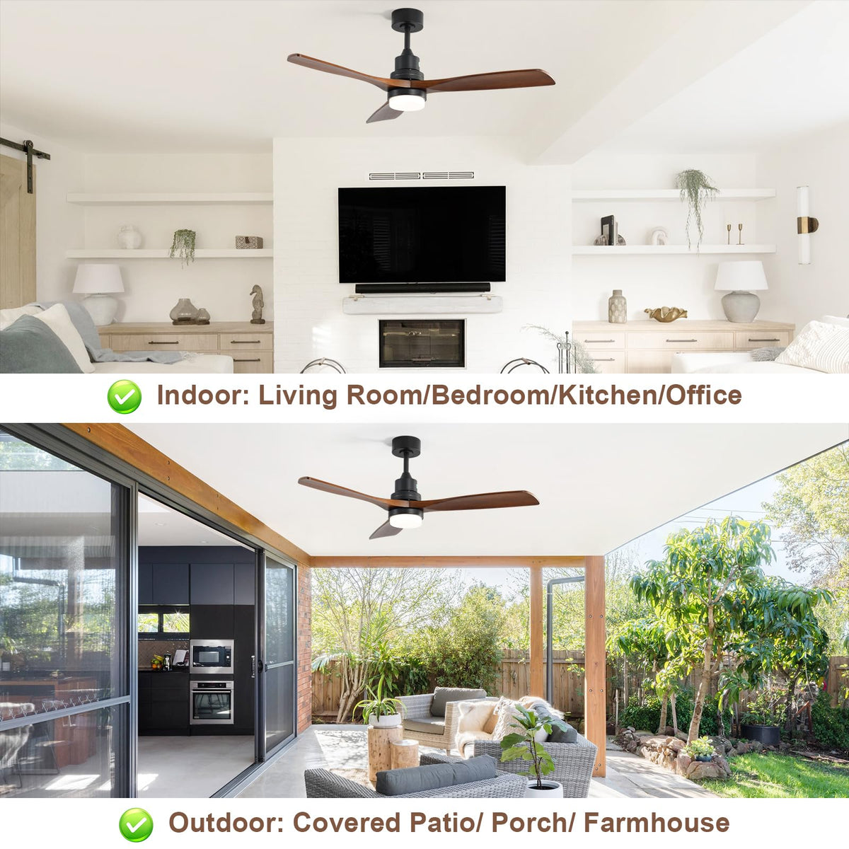 Outdoor patio setup with Sofucor damp-rated ceiling fan