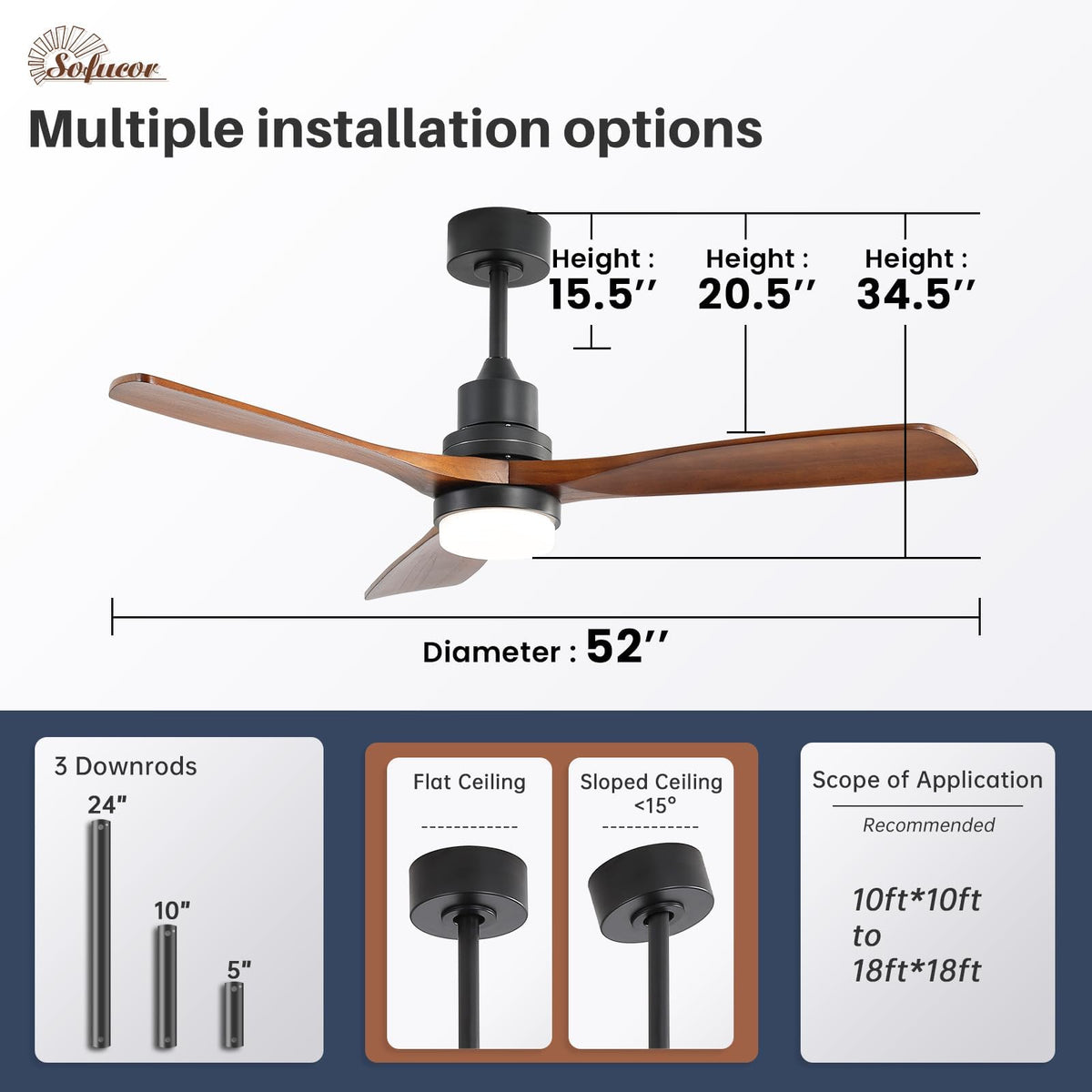 Close-up of walnut wood blades on Sofucor ceiling fan