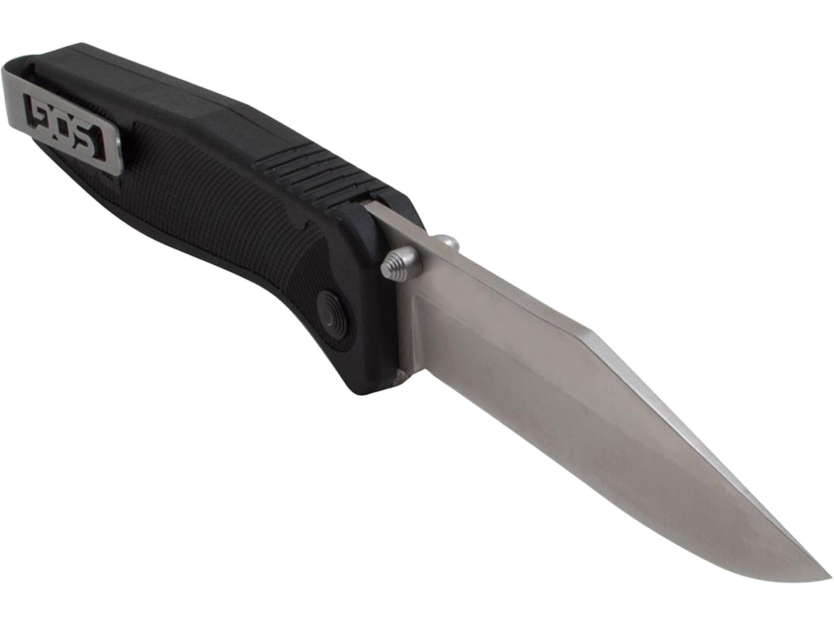 SOG Flare black knife handle offers durable daily carry.