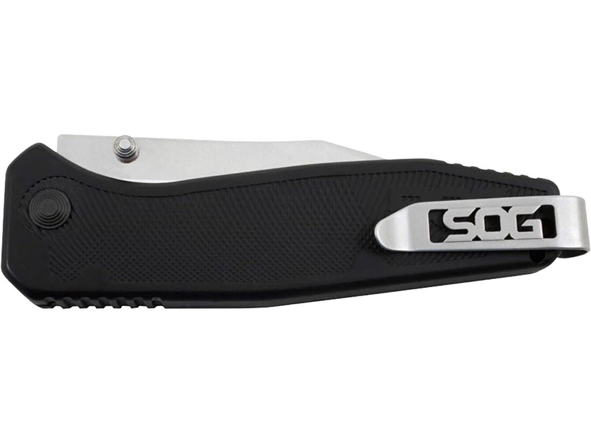 SOG Flare pocket knife clip, low-carry, enables easy belt or pocket carry.