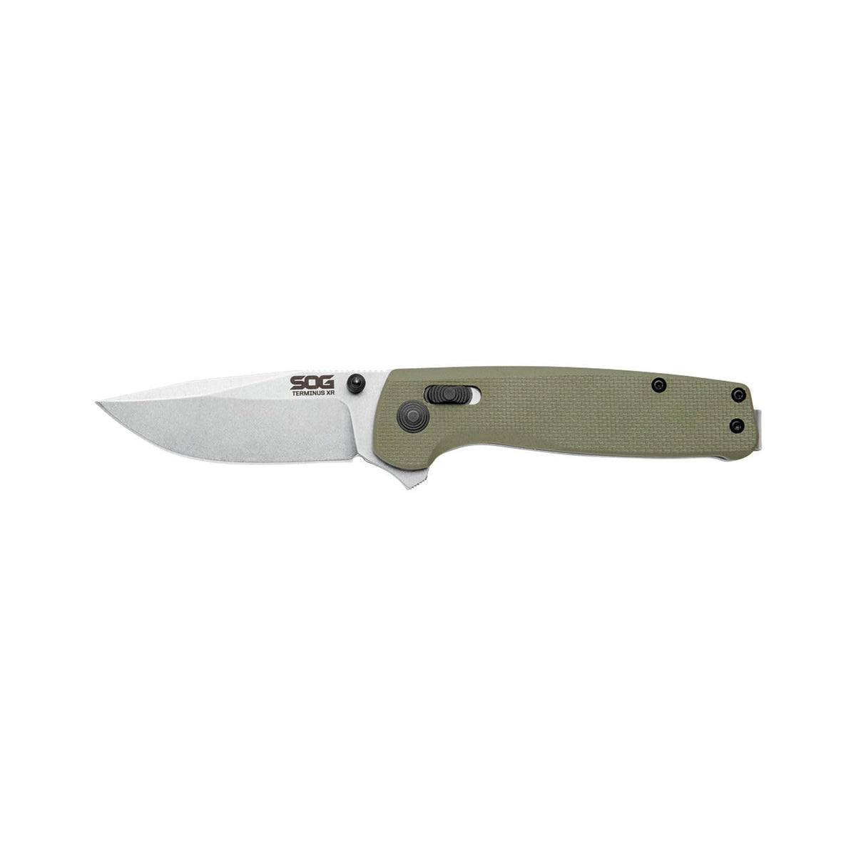 SOG Terminus XR blade close-up highlights D2 steel toughness and wear resistance.