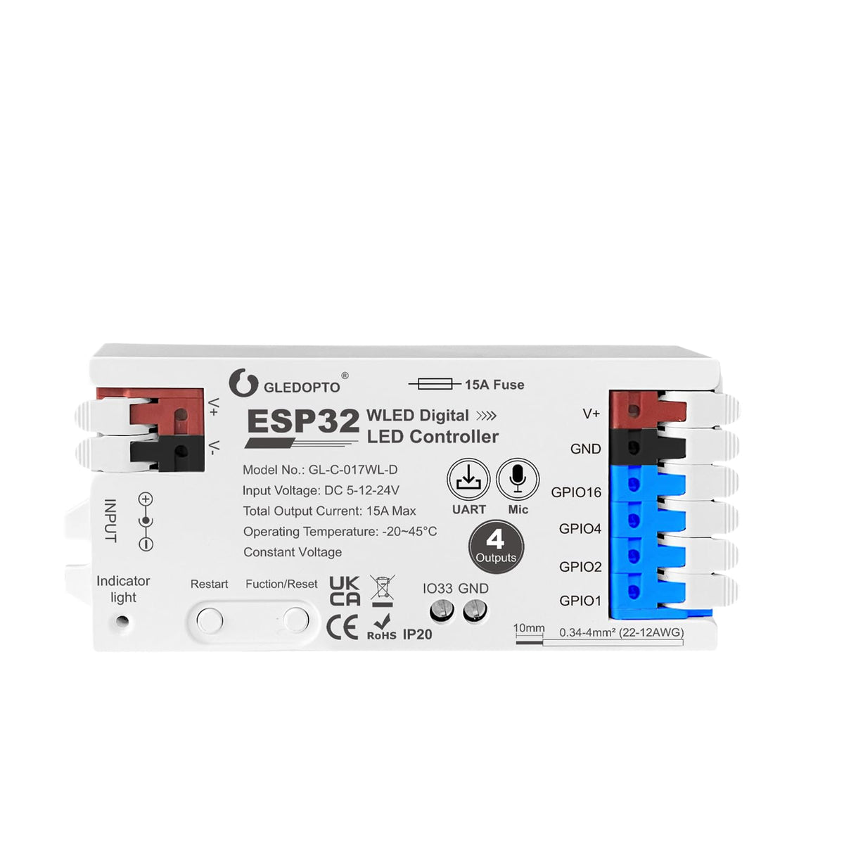 Sogledwow ESP32 WLED controller front view for compact multi-zone lighting projects.