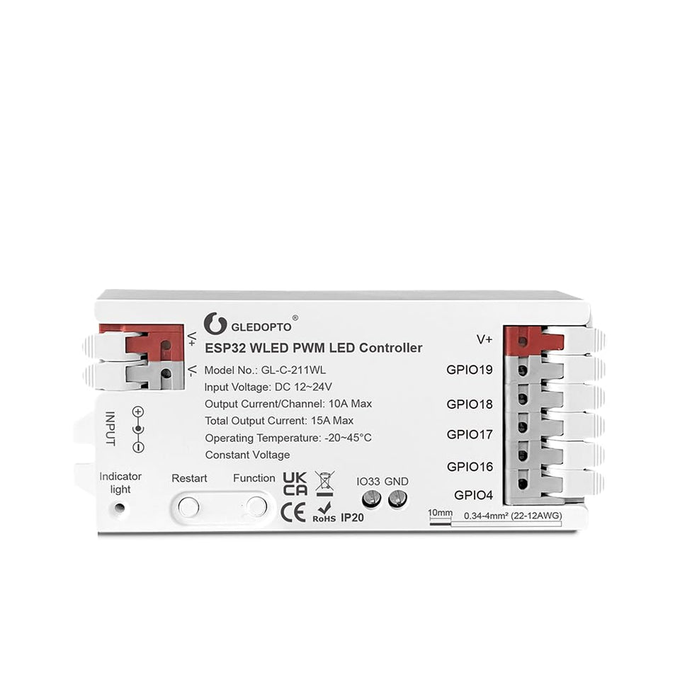 Sogledwow GLEDOPTO ESP32 PWM WLED controller front view for fast wireless lighting control.