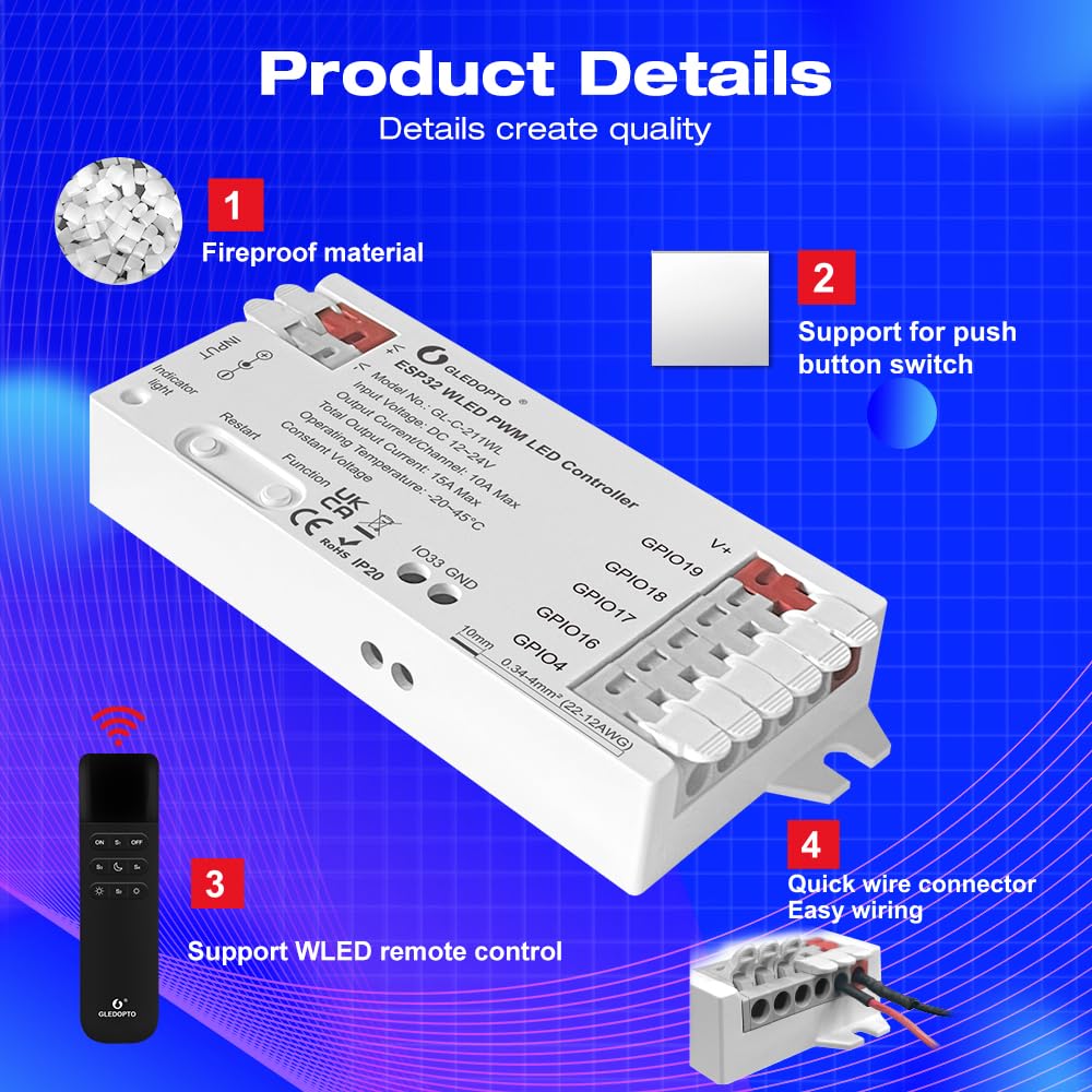 Sogledwow GLEDOPTO controller wiring port for easy DIY installation.