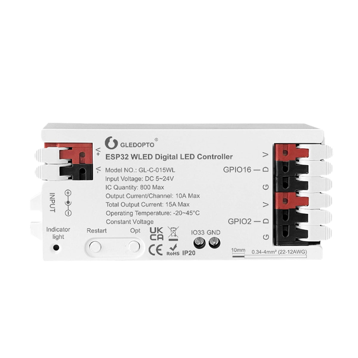 Sogledwow GLEDOPTO ESP32 WLED controller front view for seamless setup