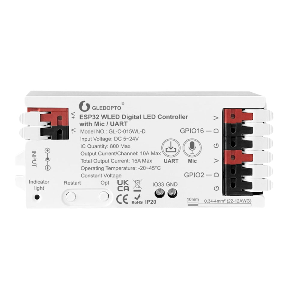Sogledwow GLEDOPTO ESP32 WLED controller front view for compact DIY lighting control
