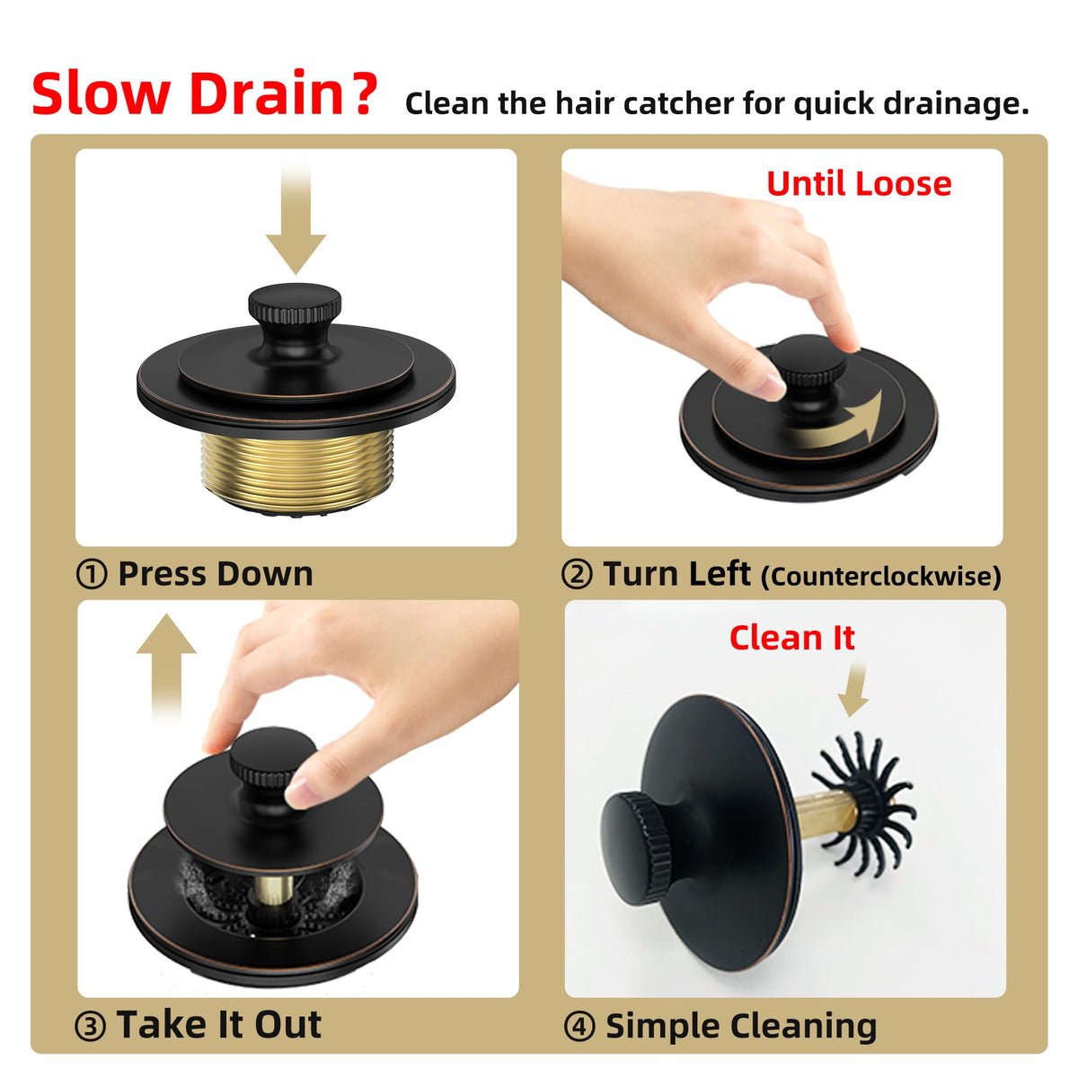 Sogmeter oil rubbed bronze bathtub drain hair catcher close-up shows debris capture
