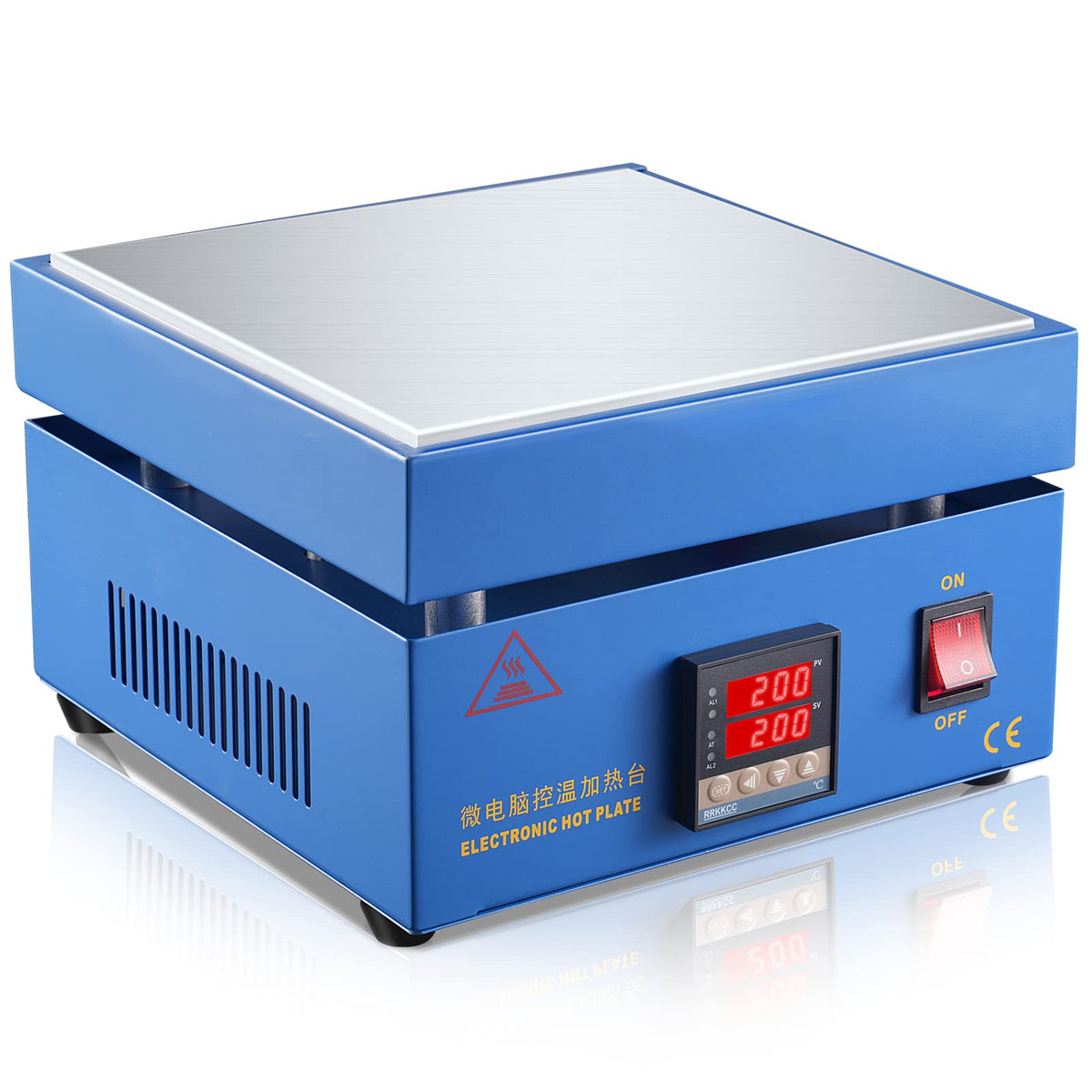Soiiw soldering hot plate top view shows compact 200x200mm platform for precise preheating.