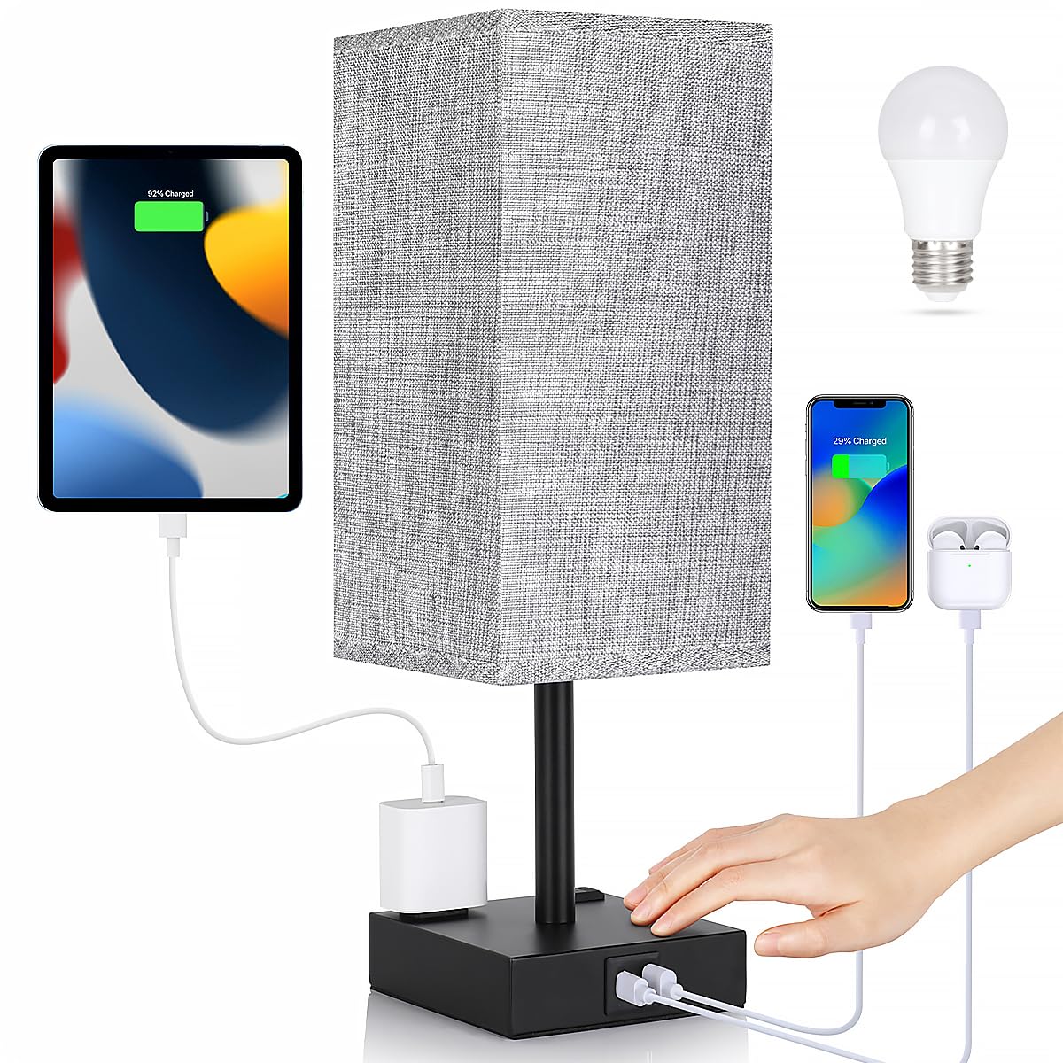 Soilsiu bedside lamp with grey base delivers soft, diffused lighting.