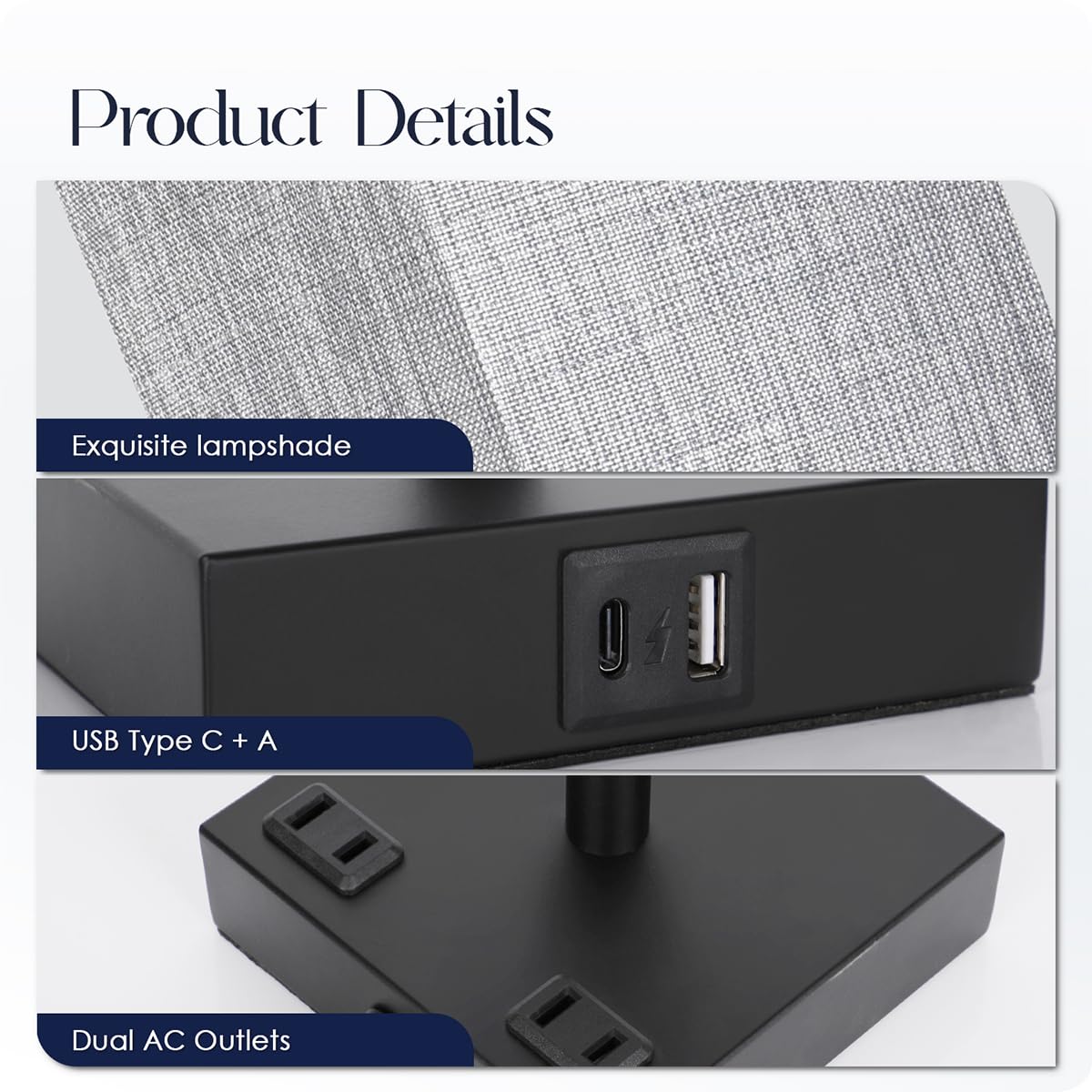 Soilsiu lamp includes USB-A charging and two AC outlets for convenience.