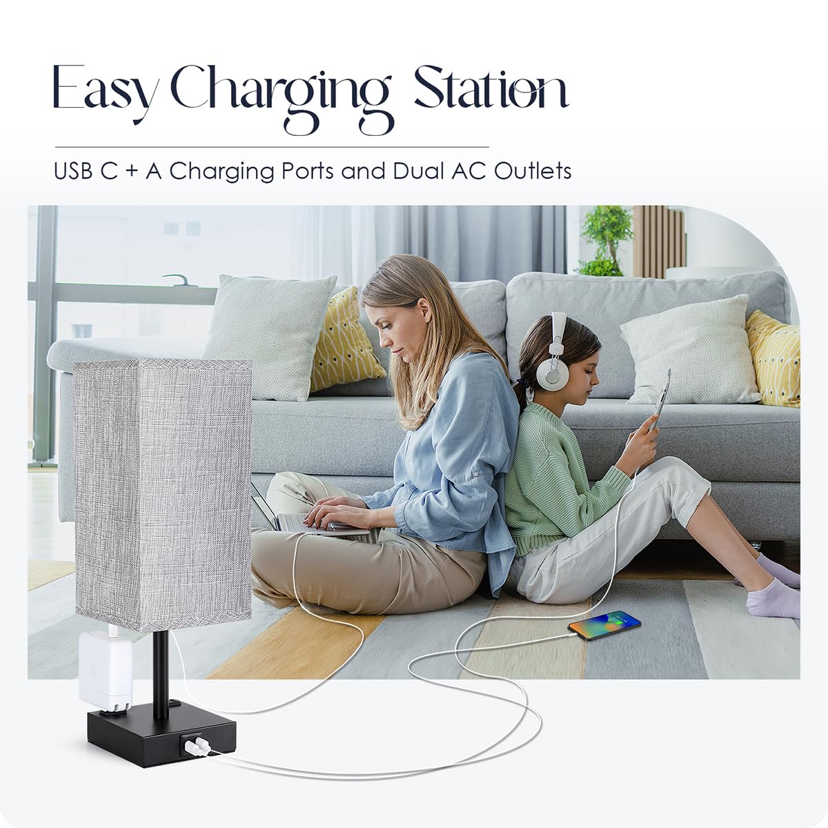 Soilsiu lamp includes USB-C charging port for devices.