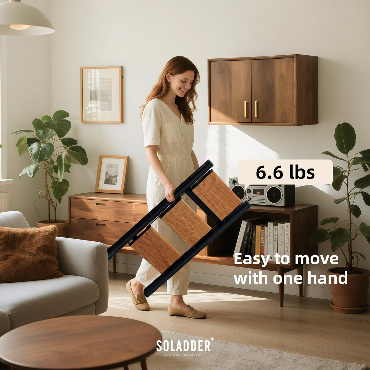 Soladder helps reach kitchen cabinets and closet shelves with ease.