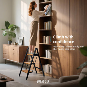 Soladder ladder with rubber feet gripping floors firmly for stability.
