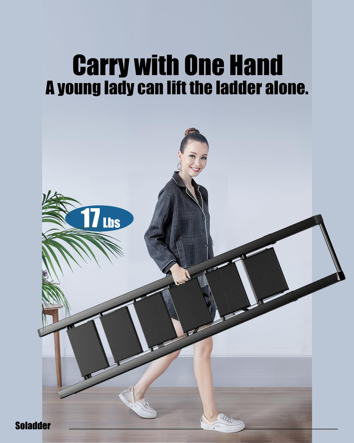 Soladder 6 Step Ladder reaches high ceilings for bulb changes.