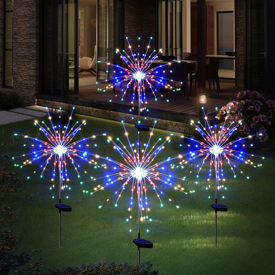SolarEra 120 LED solar garden fireworks illuminate outdoor spaces with colorful, durable light patterns.