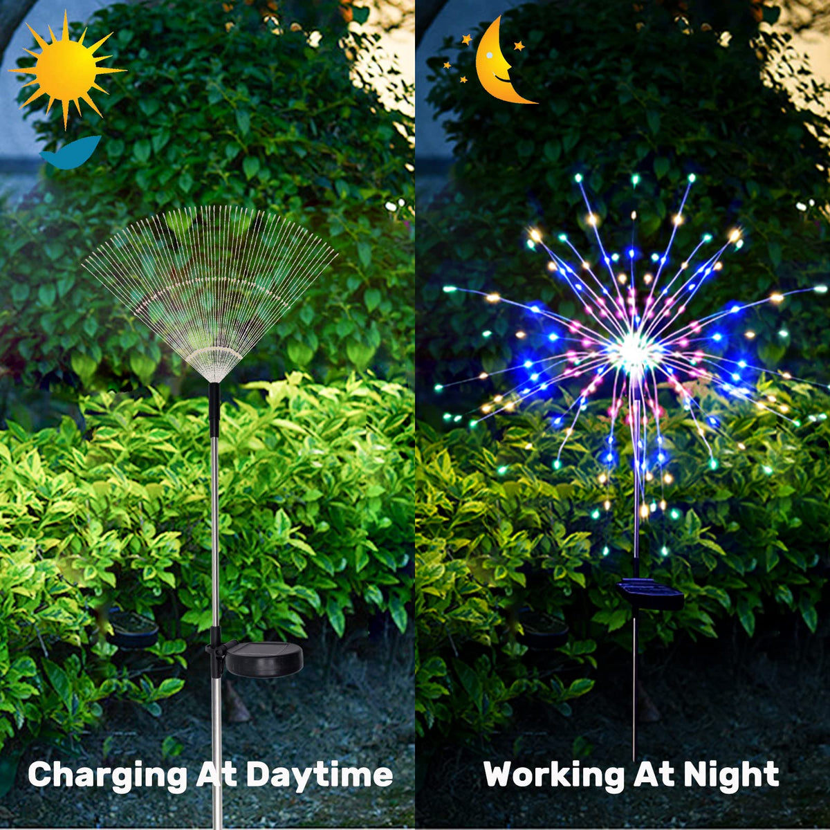 SolarEra sun-charged lights run 8-10 hours after a full daytime charge.