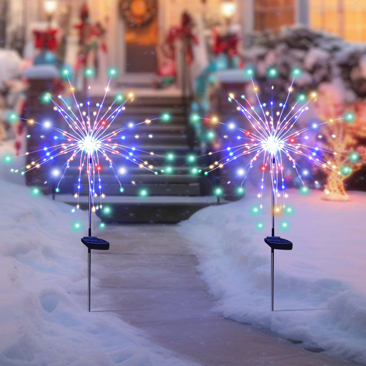 SolarEra Firework Stake Lights with 120 LEDs showcase sparklers in the yard for festive nights