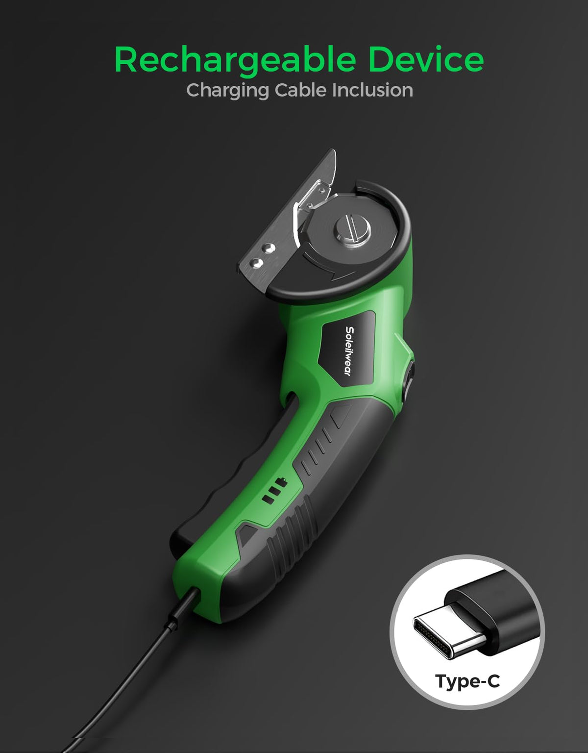 Soleilwear Type-C charging cable included for quick top-ups