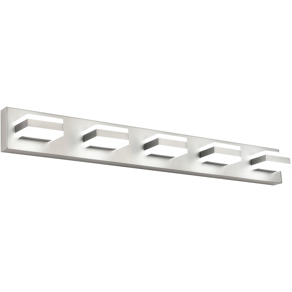 SOLFART 5-light vanity light over mirror in brushed nickel for enhanced bathroom ambiance.