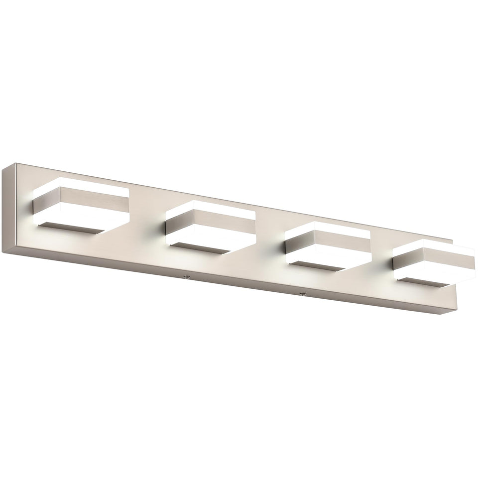 SOLFART 4-light vanity fixture in brushed nickel provides even mirror illumination.