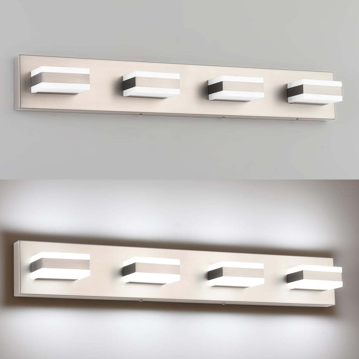 In-use bathroom setup demonstrates stylish, functional vanity lighting.