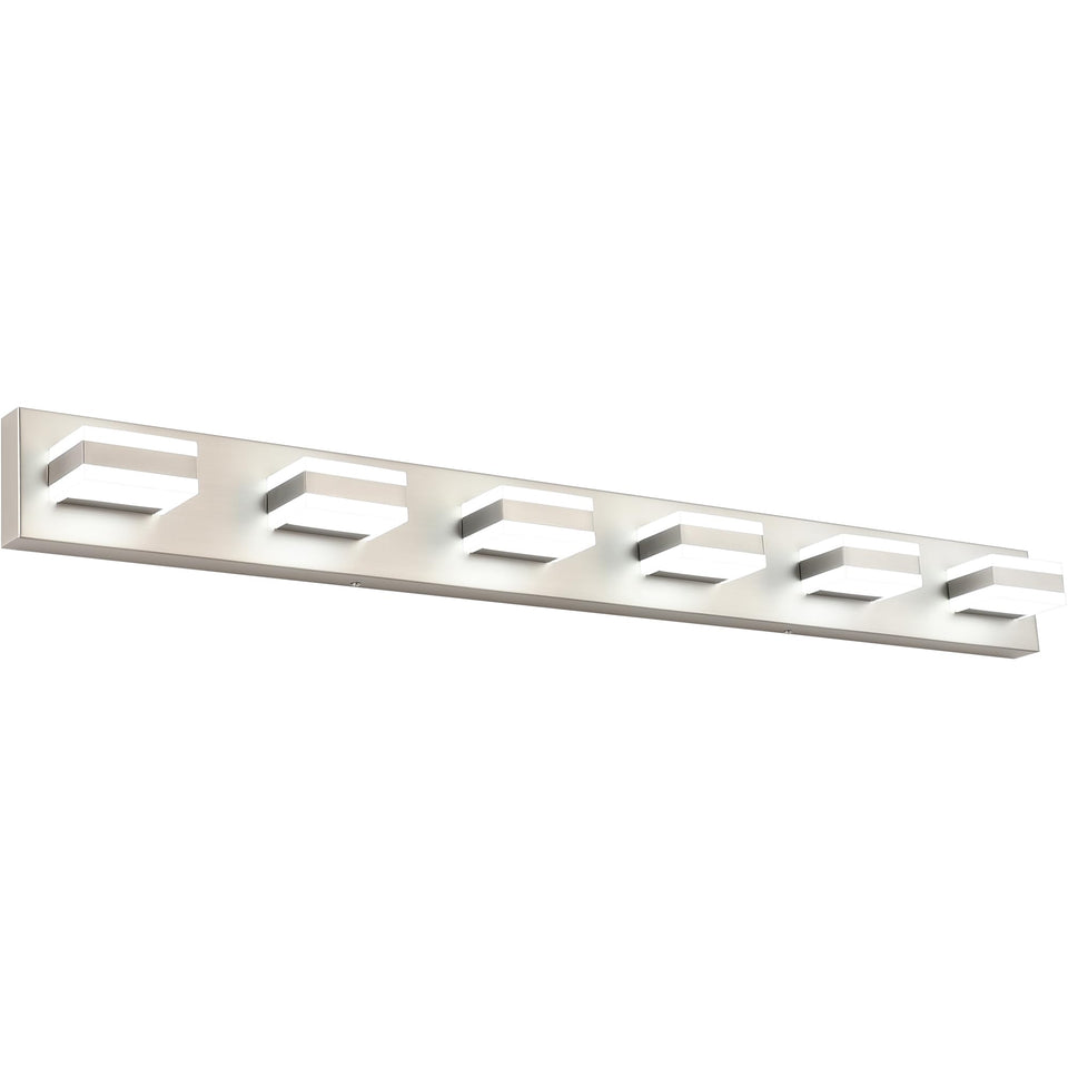 SOLFART 6-light vanity fixture over mirror in brushed nickel for bright mornings.