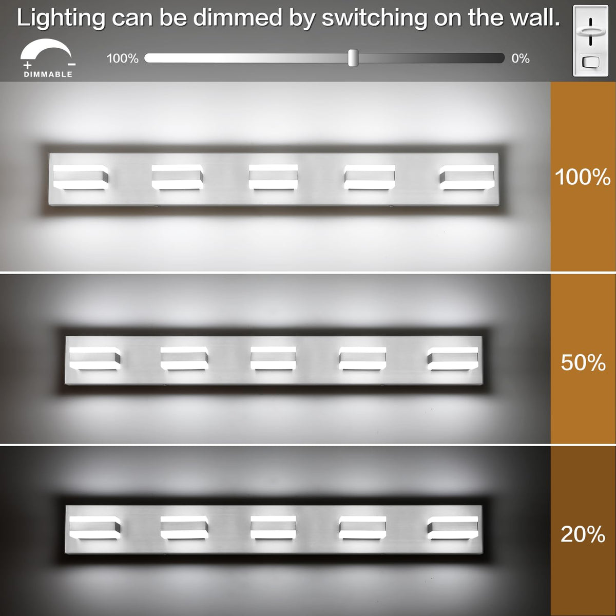 SOLFART vanity light closeup in brushed nickel with durable acrylic shade and premium finish.