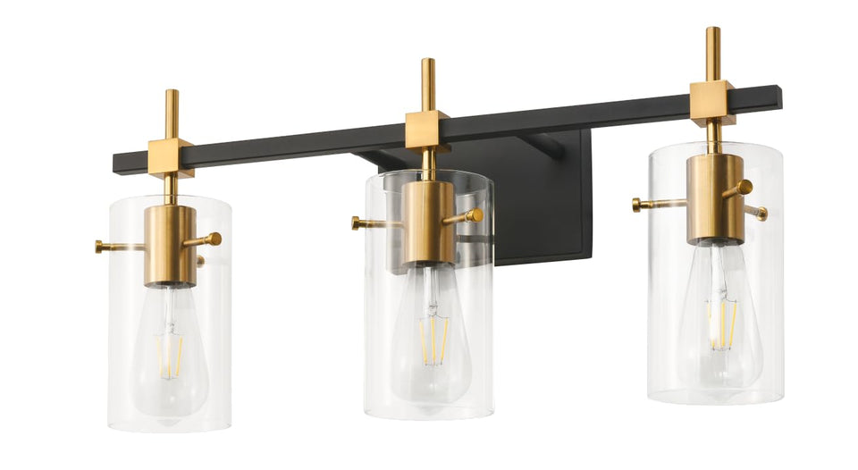 SOLFART vintage vanity light with three glass shades over a mirror for enhanced bathroom lighting