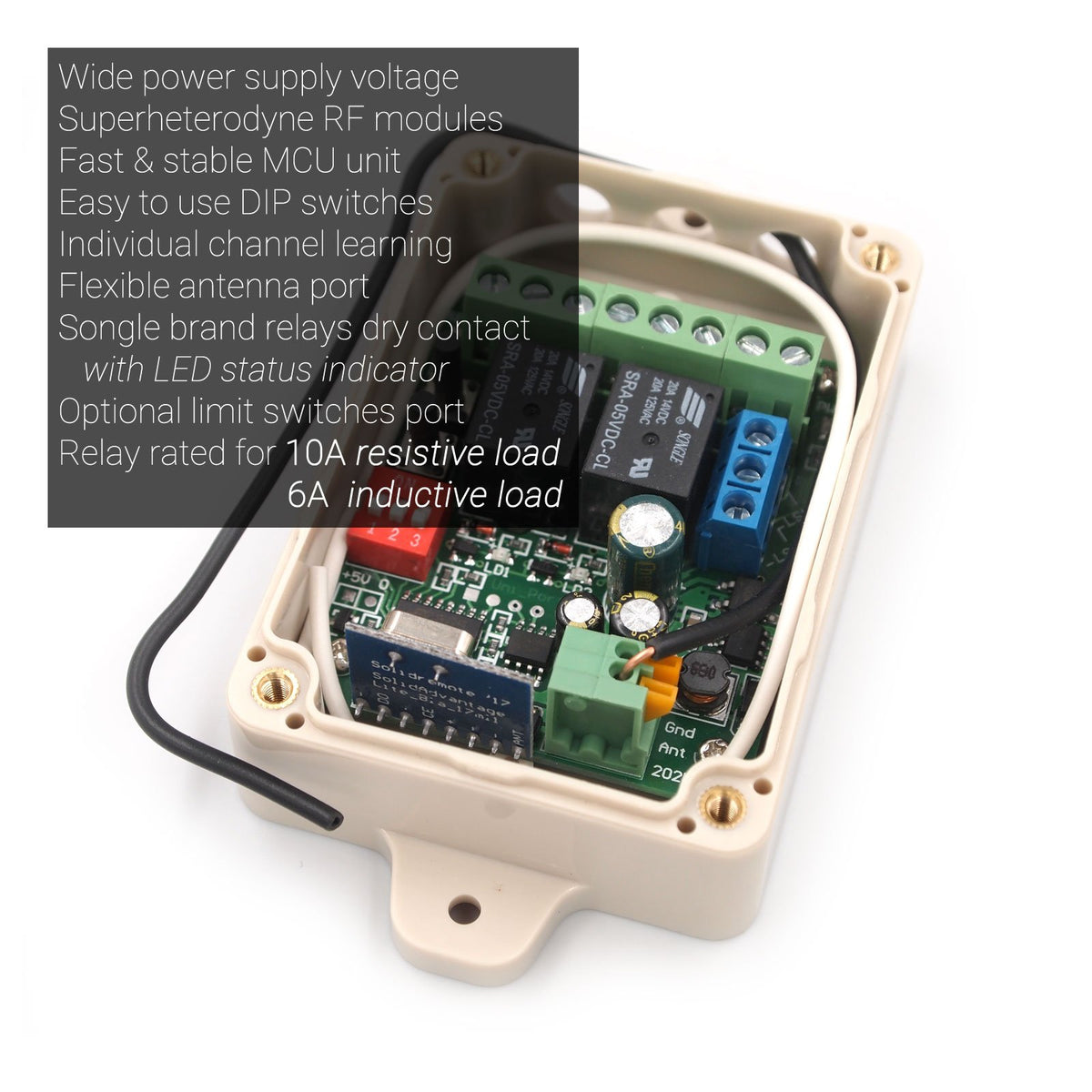 Solidremote DIP switch programming panel enables quick mode selection.