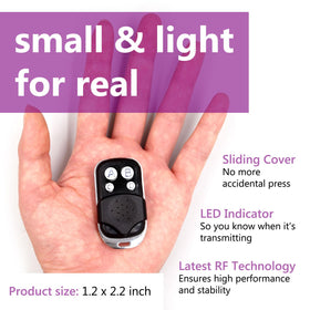 Solidremote keychain remote close-up shows four-button versatility for multiple devices.