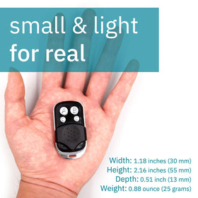Solidremote LiftMaster-Chamberlain remote back view; slim profile fits pockets securely.