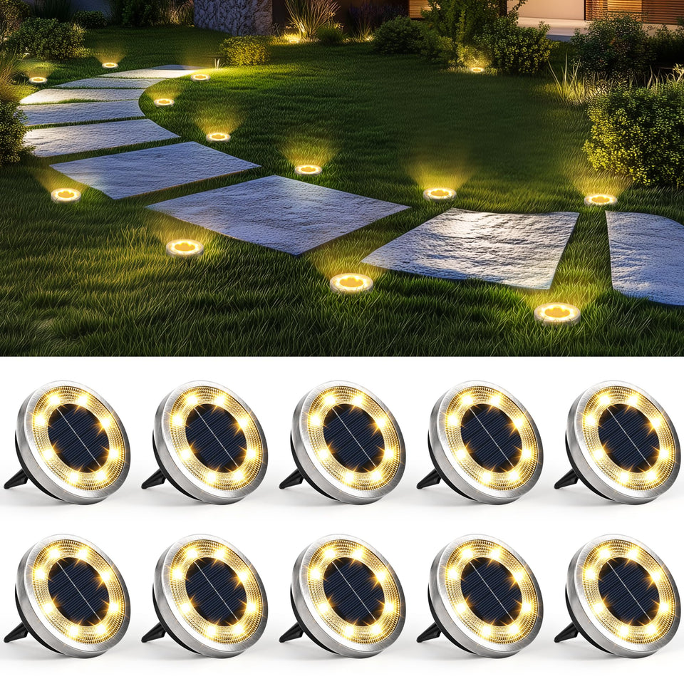 SOLPEX 10-pack solar ground lights illuminate a garden path for safer nighttime navigation.