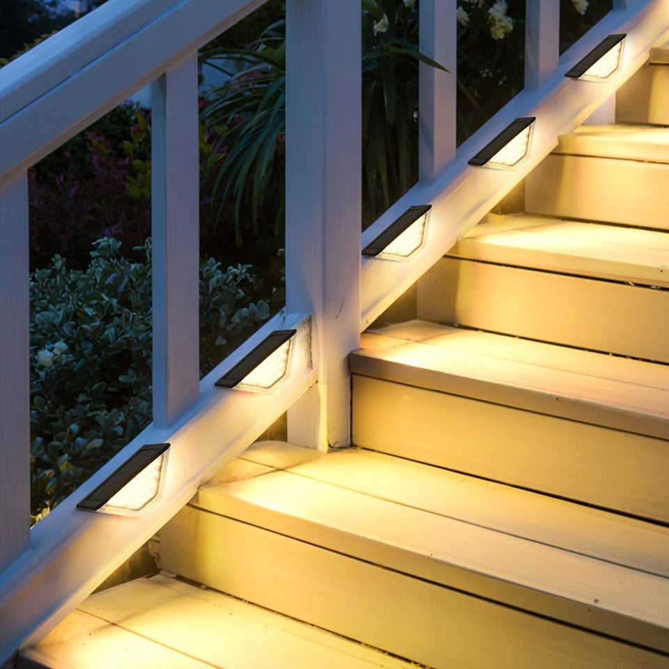 SOLPEX four-sided solar step light illuminates stairs for safer night entry.