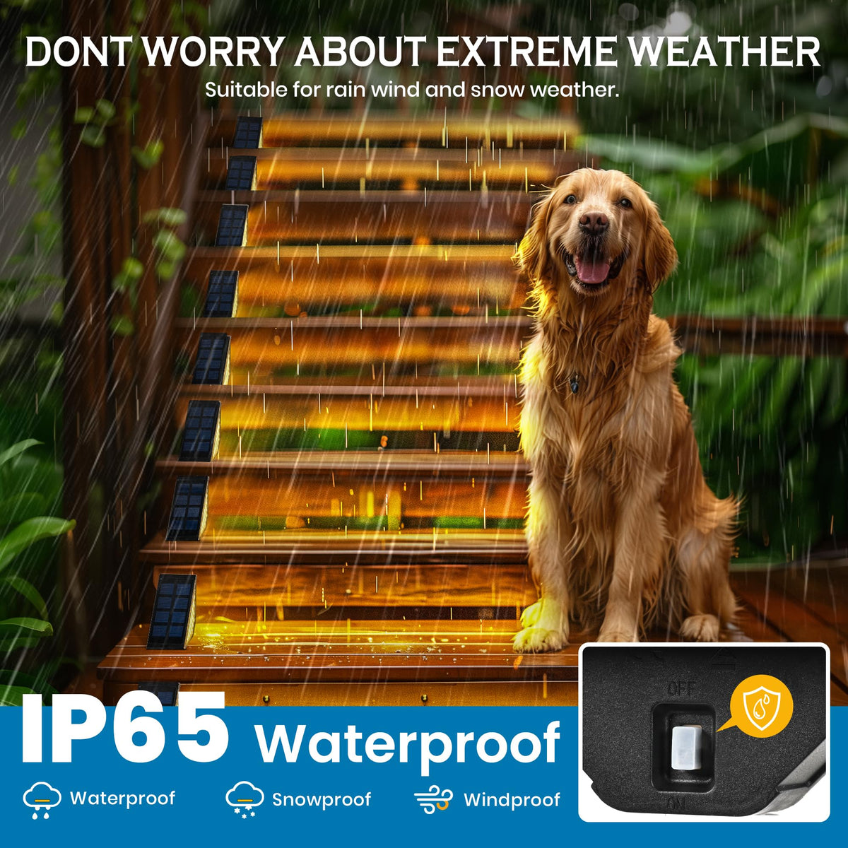 SOLPEX IP67 weatherproof stair lights withstand rain and snow outdoors.
