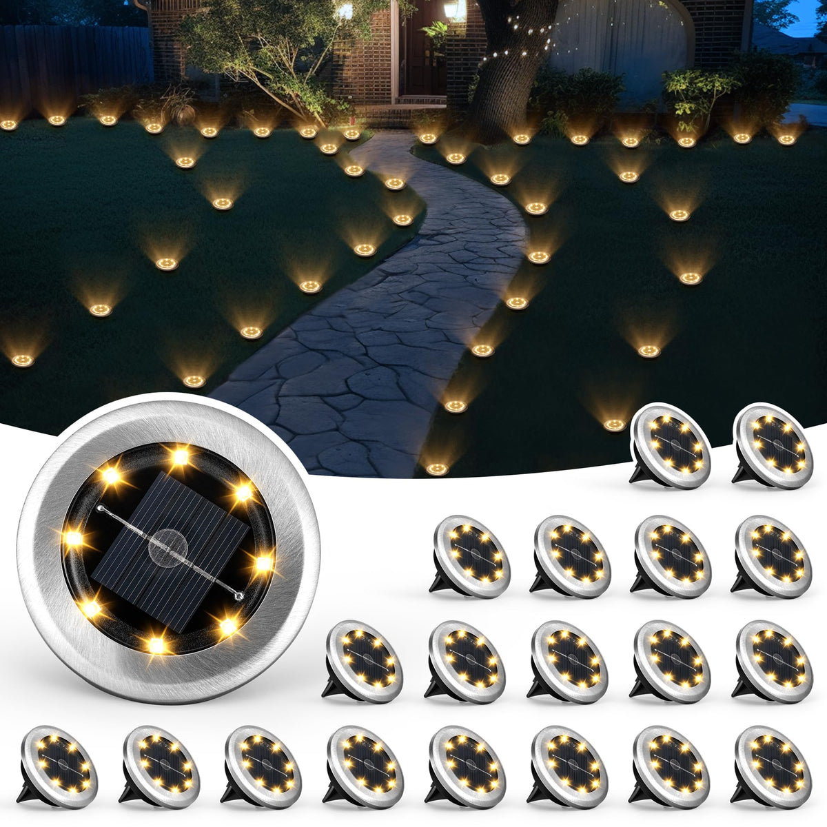 SOLPEX mini solar ground light on a garden path casting warm ambient glow.