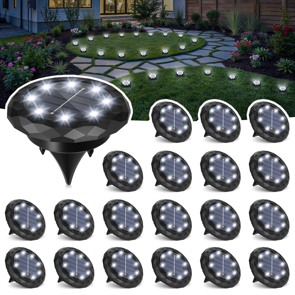 SOLPEX mini solar ground light illuminates garden pathway for safe nighttime navigation.