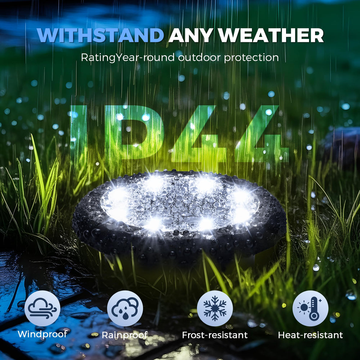 SOLPEX mini solar ground light glows after sunset along a lawn.