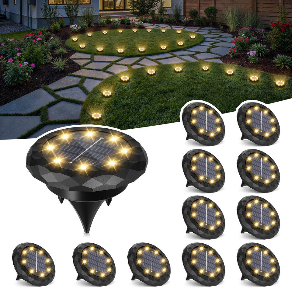 SOLPEX Mini Solar Ground Lights illuminate garden paths with warm white glow for safer nighttime walking.
