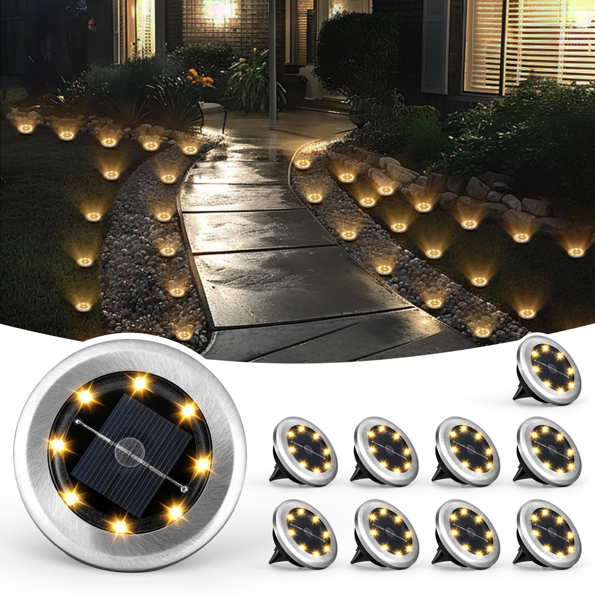 SOLPEX mini solar ground lights illuminate pathways with a warm ambient glow.