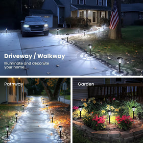 SOLPEX night-time pathway illumination softly lights the yard with a snowflake glow