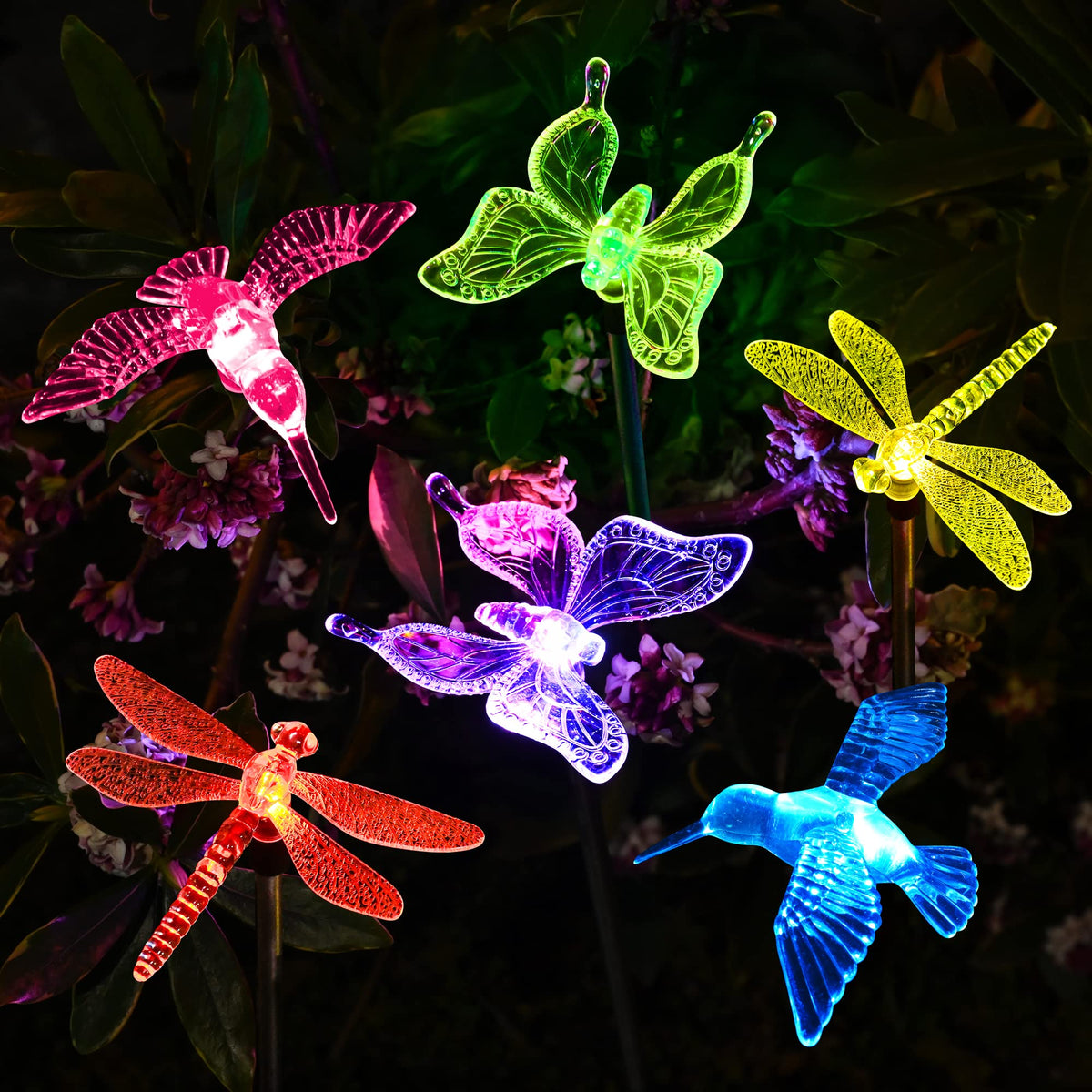 SOLPEX solar butterfly lights illuminate garden paths with multi-color glow.