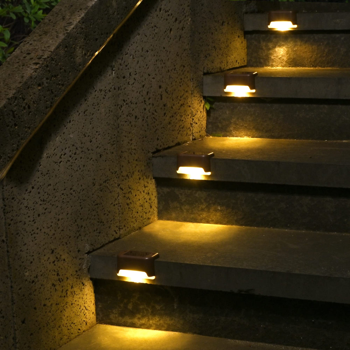 SOLPEX solar deck light on stairs provides warm, safe illumination at night.