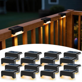 SOLPEX solar deck light emits warm white glow along stairs for safer outdoor evenings.