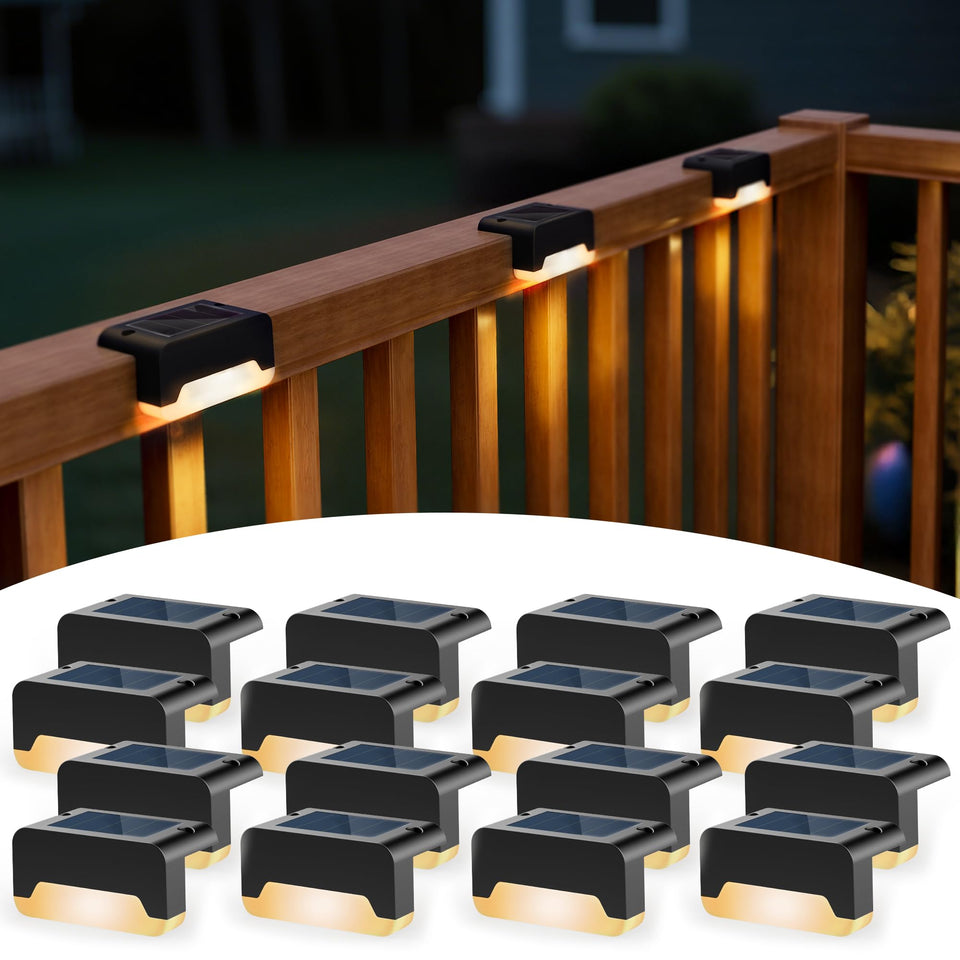 SOLPEX solar deck light emits warm white glow along stairs for safer outdoor evenings.